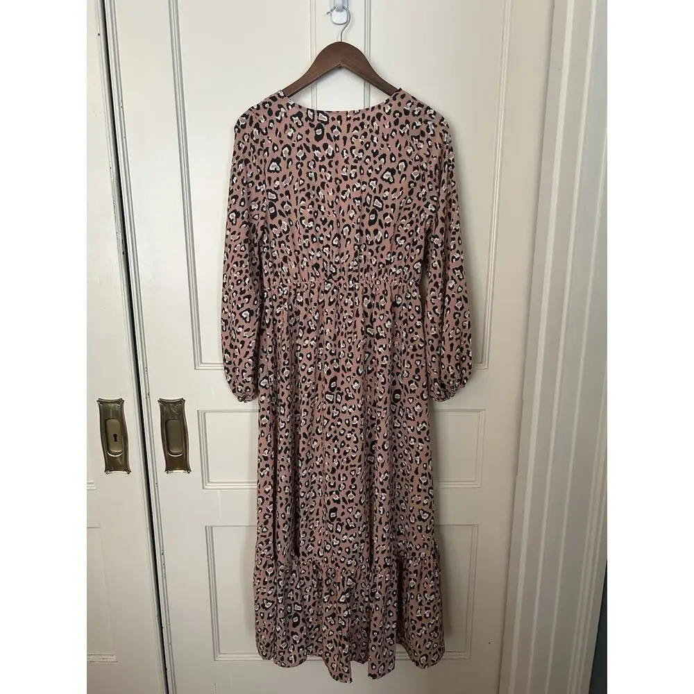 Umgee Animal Print Tie Front Hi Low Midi Dress Womens Size Small Brown NWT